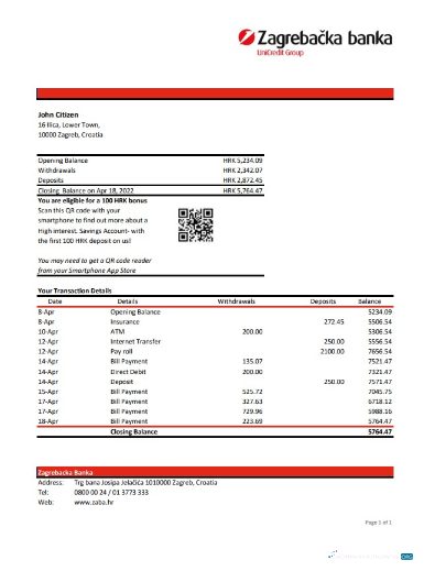 Download Croatia Zagrebačka bank statement excel Photoshop template